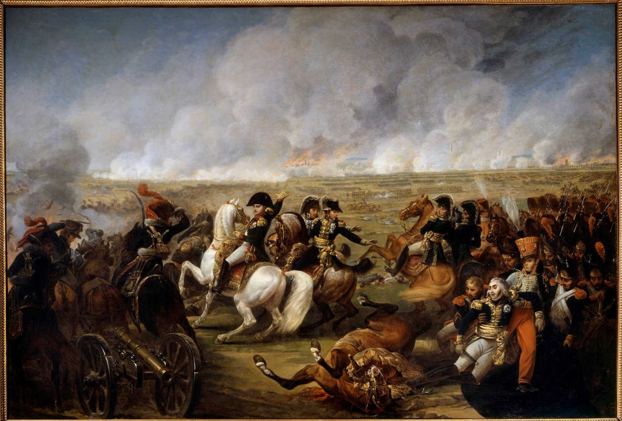 Keisari Napoleon I (1769-1821) Wagramin taistelussa 5.7.1809. Oikealla kaksi sotilasta auttoi taistelun aikana haavoittunutta kenraali Joseph Marie Dessaixia (1764-1834). Antoine Carle Vernet