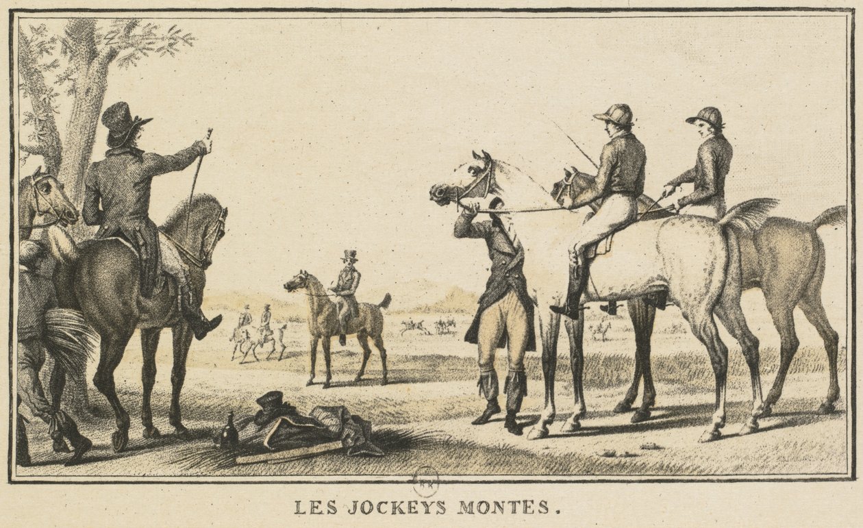 Kilpa-kohtaukset: Jockey nousemassa hevoskilpailuun: Jockey nousemassa hevoselle. tekijältä Carle Vernet