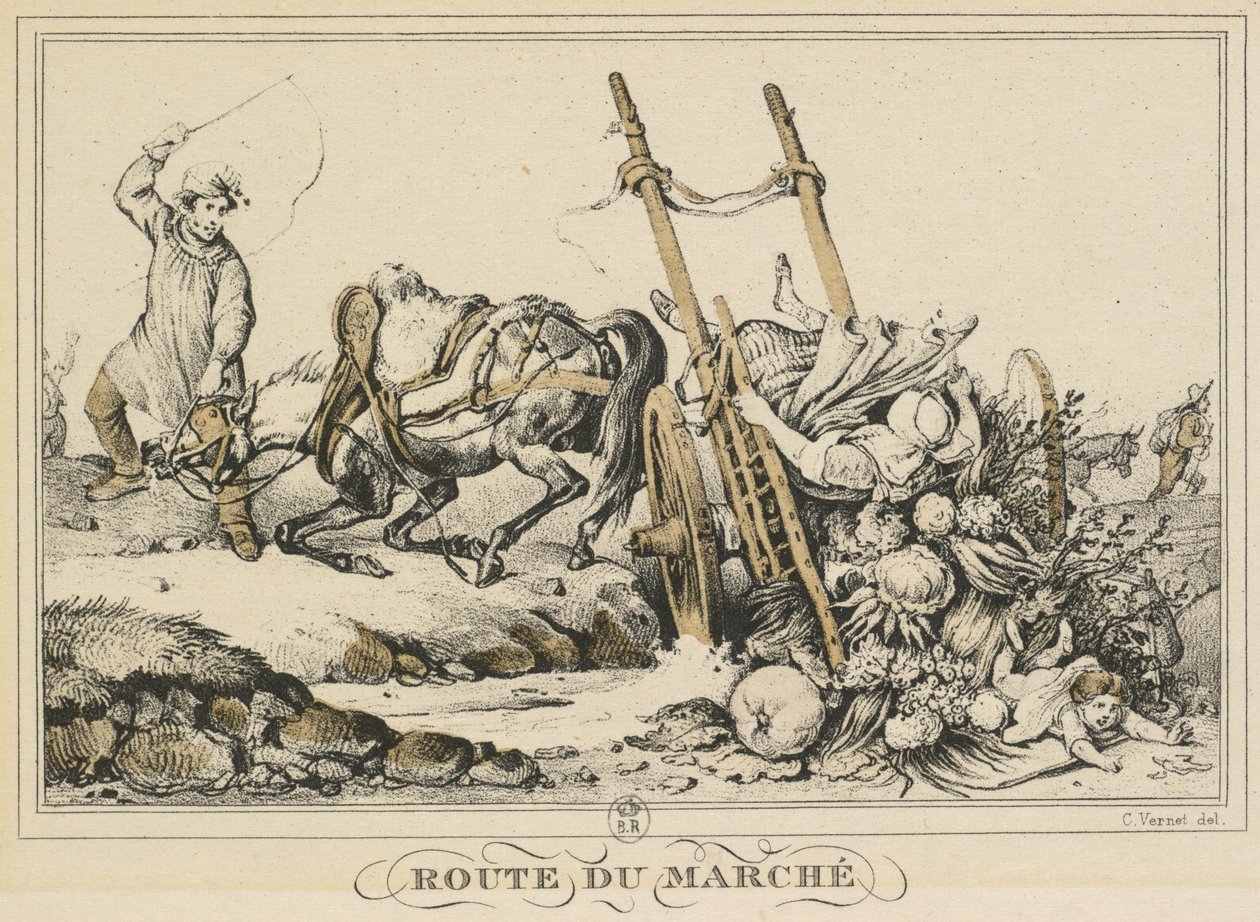 Arkielämän kohtauksia, teitä ja polkuja: Road to Market, 1819. tekijältä Carle Vernet