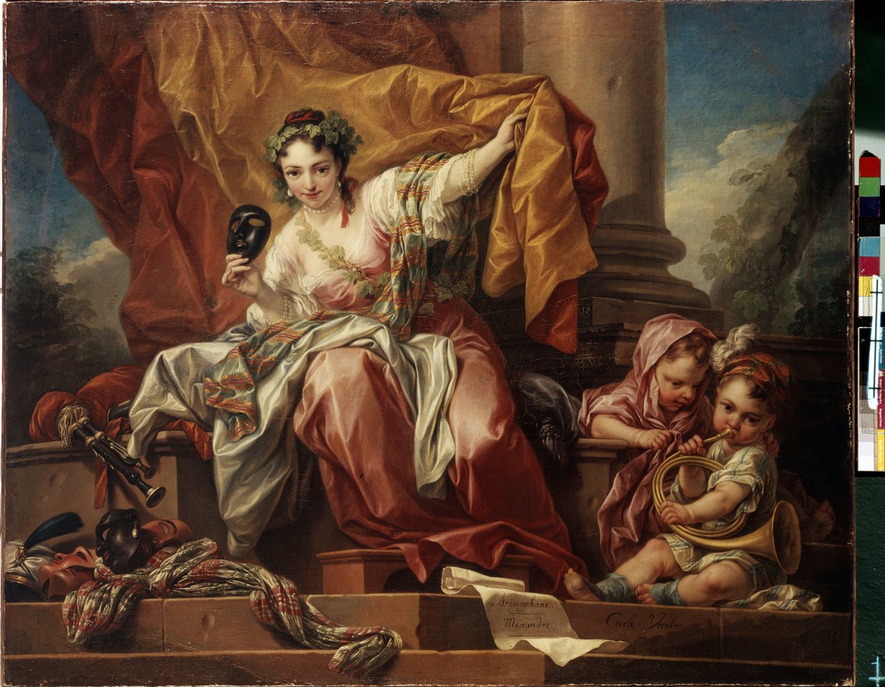 Komedian allegoria. Carle Van Loon (1705-1765) maalaus. Öljy kankaalle tekijältä Carle van Loo