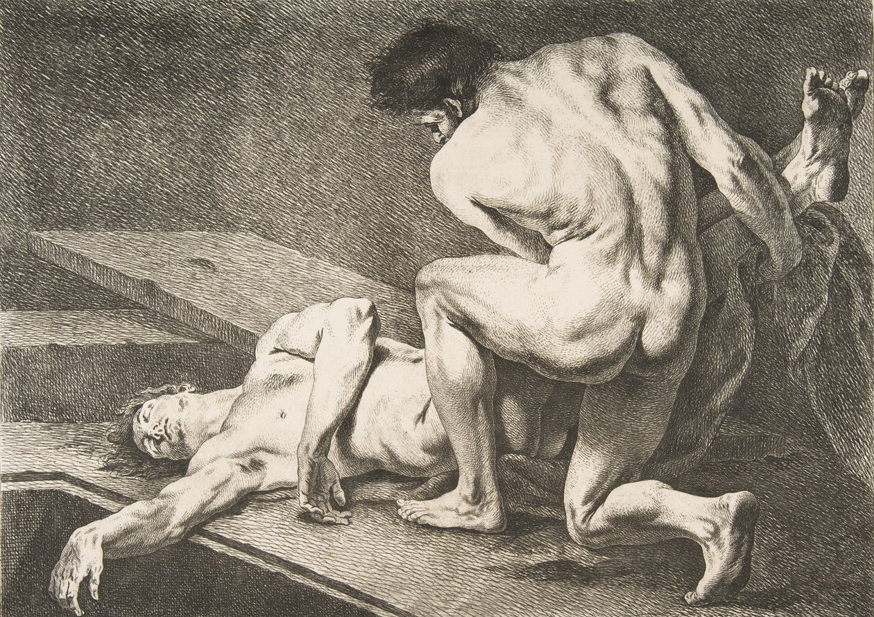 An Académie: Yksi mies nostaa toisen miehen jalkoja, 1742-43. tekijältä Carle van Loo
