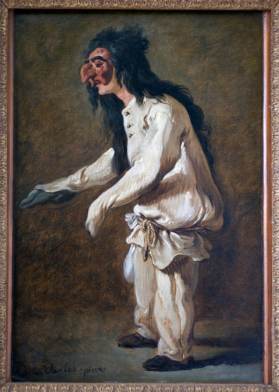 Polichinella (Pulcinella). Carle Van Loon (1705-1765) maalaus, öljy kankaalle tekijältä Carle van Loo
