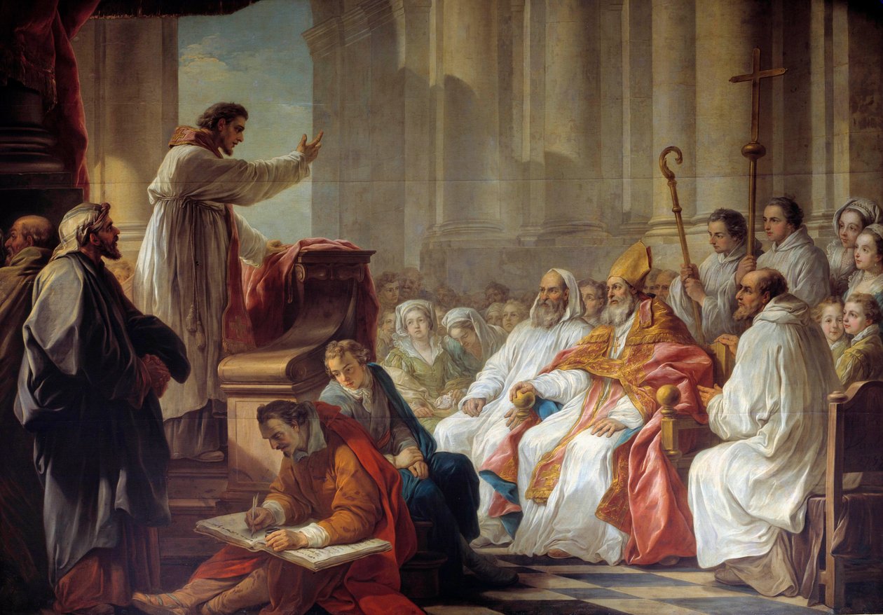 Pyhä Augustinuksen (354-430) ennustus ennen Valerea, Carle Van Loon (1705-1765) 1700-luvun Pariisin Hippone-maalauksen edellytys. Voittojen Neitsyt Marian kirkko tekijältä Carle van Loo