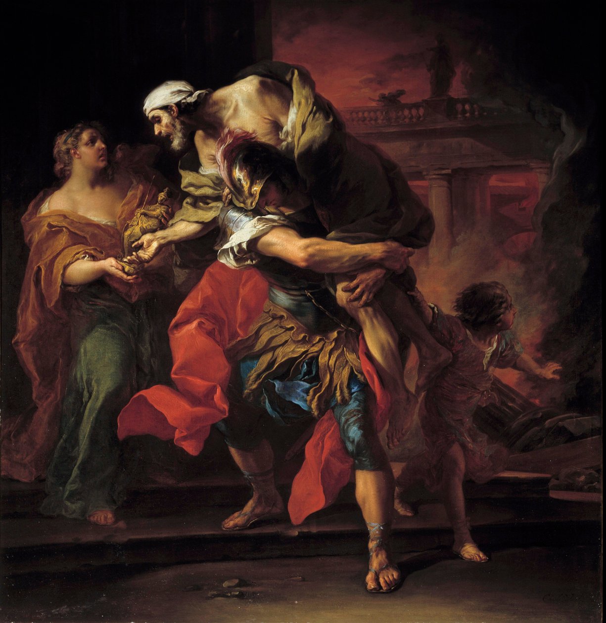 Troijan sota: "" Enee portant Anchise"" Charles Andre (ou Carle) van Loon (1705-1765) maalaus Sun. 1,1x1,05 m tekijältä Carle van Loo