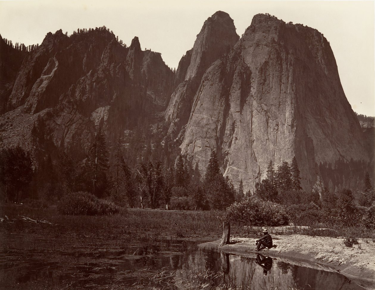 Cathedral Rocks, Yosemite, n. 1872, painettu n. 1876. tekijältä Carleton E. Watkins.
