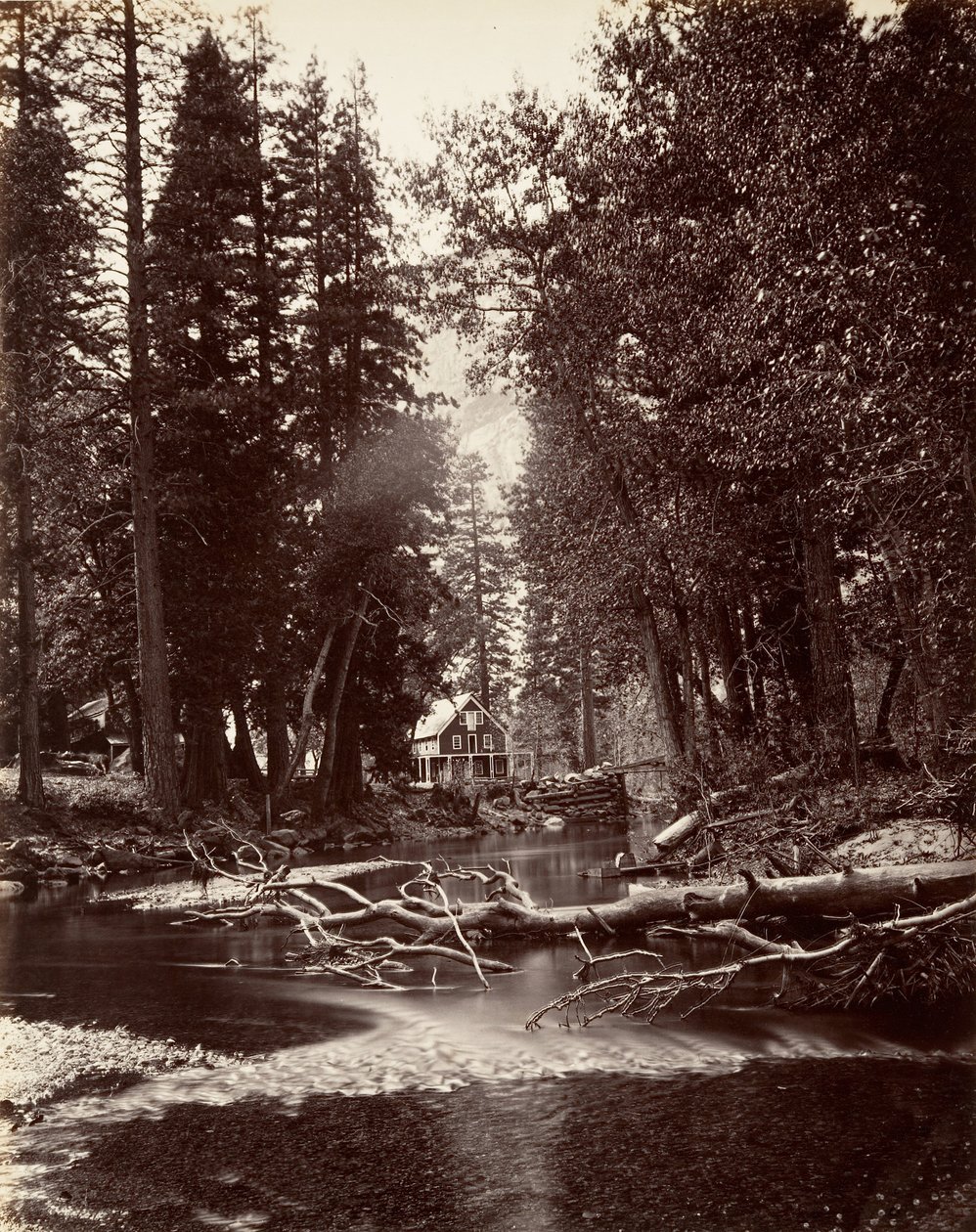 Hutchings Hotel, Yosemite, n. 1872, painettu n. 1876. tekijältä Carleton Emmons Watkins