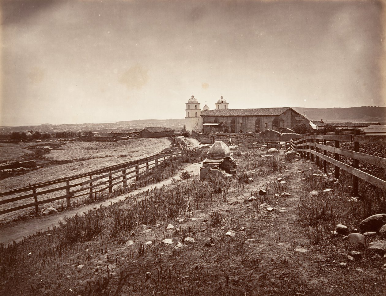 Santa Barbara and Mission Church, 1876, painettu n. 1876. tekijältä Carleton Emmons Watkins