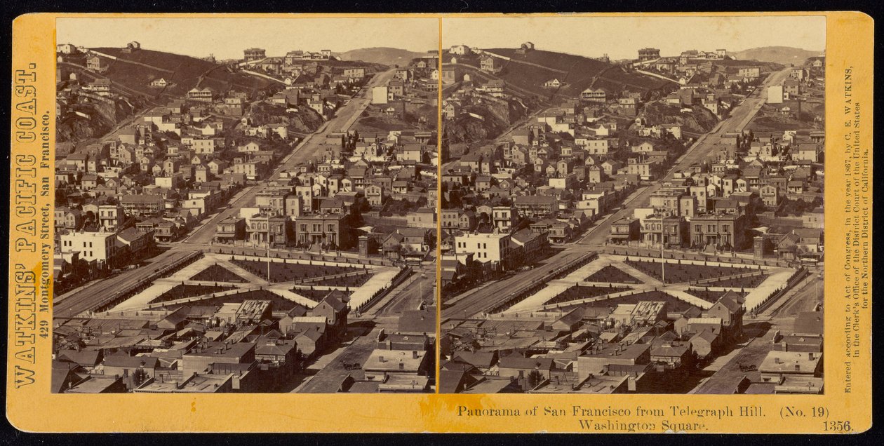Panoraama San Franciscosta Telegraph Hilliltä, Washingtonin aukio tekijältä Carleton Watkins