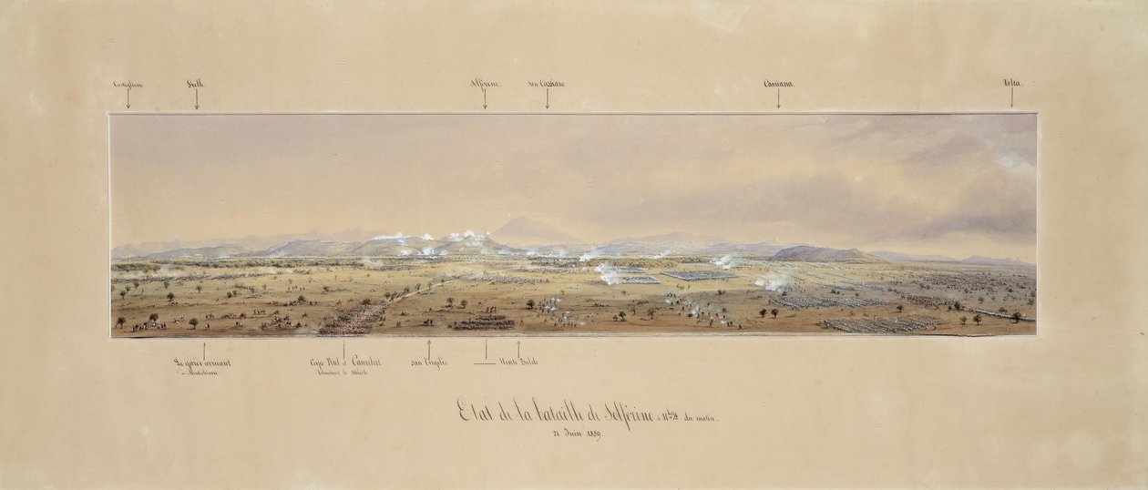 Situazione della Battaglia di Solferino e San Martino alle malmi 11,30 del mattino, vista dalla torre campanaria della chiesa di San Damaso tekijältä Carlo Bossoli