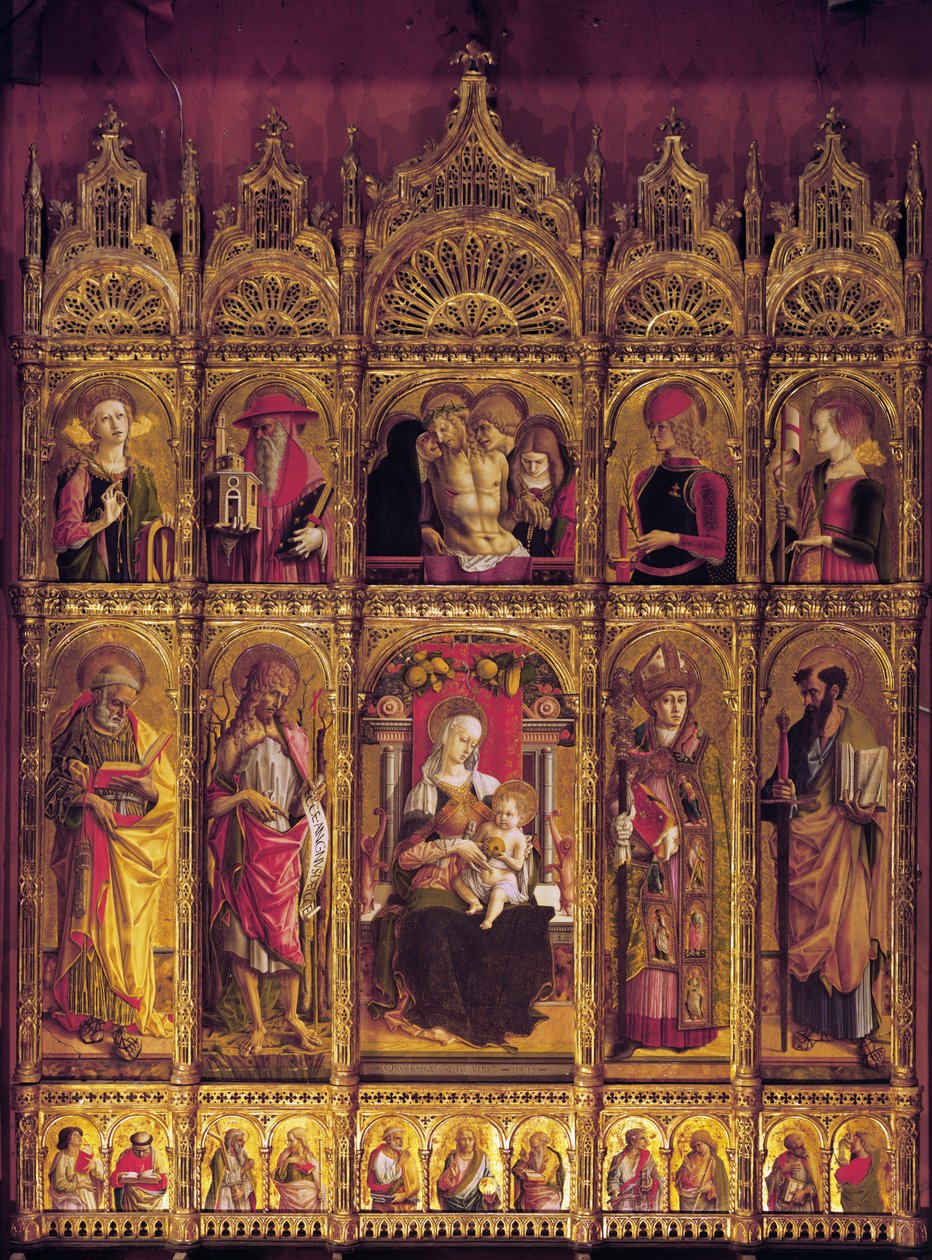Pyhän Emidion alttaritaulu, polyptyykki: Pieta ja Neitsyt lapsen kanssa pyhimysten välissä, n. 1430-95 (tempera puulle). tekijältä Carlo Crivelli