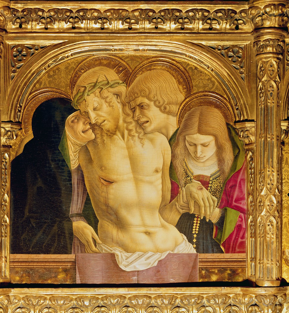 Pyhän Emidion alttaritaulu, polyptyykki, Pietan yksityiskohta, 1473 tempera puulla tekijältä Carlo Crivelli