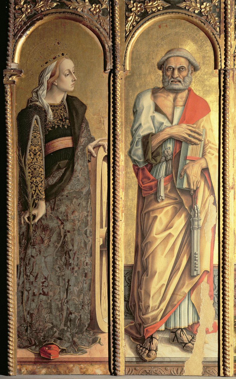 Pyhä Katariina Aleksandrialainen ja Pyhä Pietari, yksityiskohta Santa Lucian triptyykistä (tempera paneelissa) tekijältä Carlo Crivelli