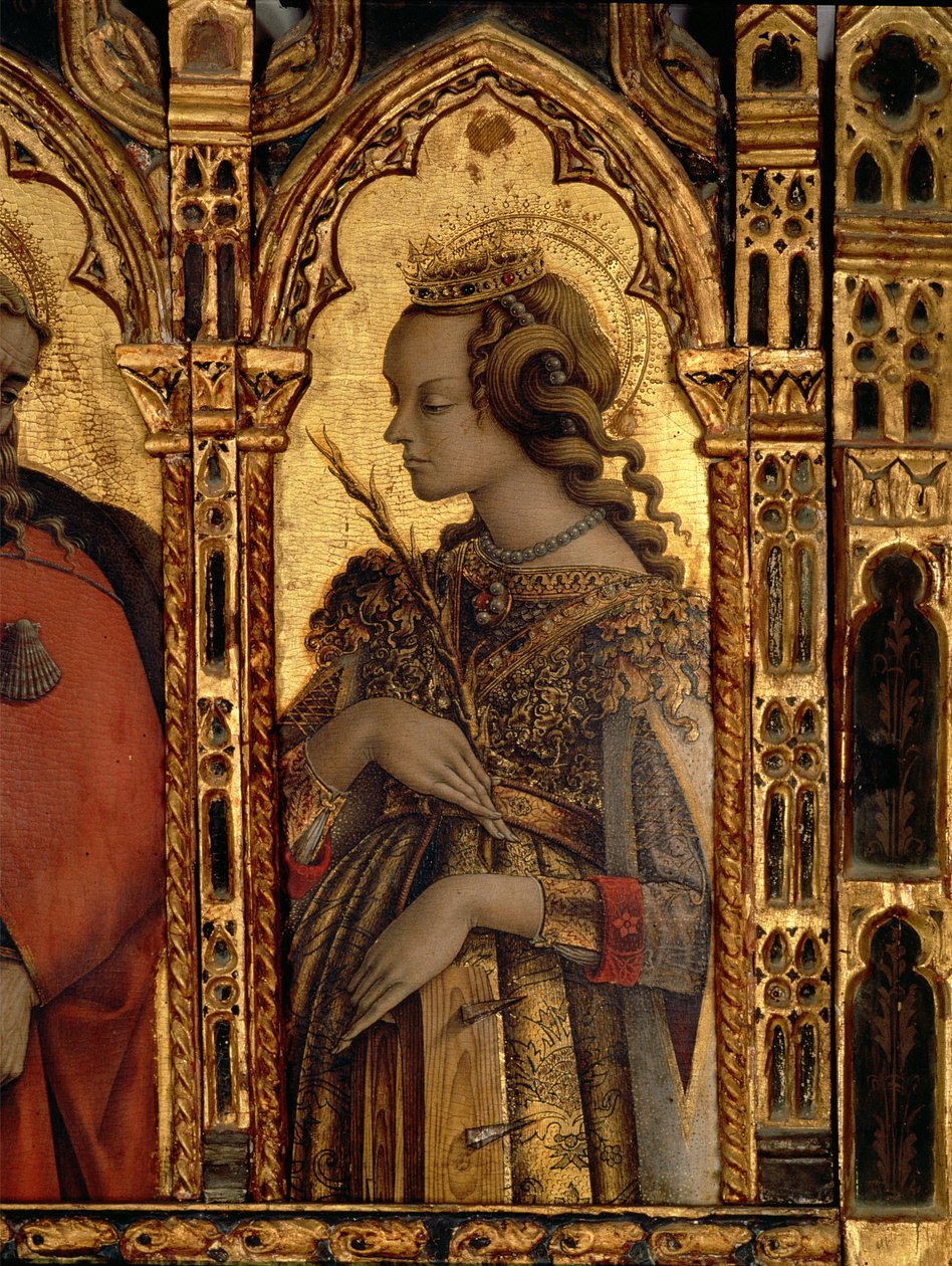 Pyhä Katariina Aleksandrialainen, yksityiskohta San Martinon polyptyykistä (tempera taulussa) (katso 76669) tekijältä Carlo Crivelli