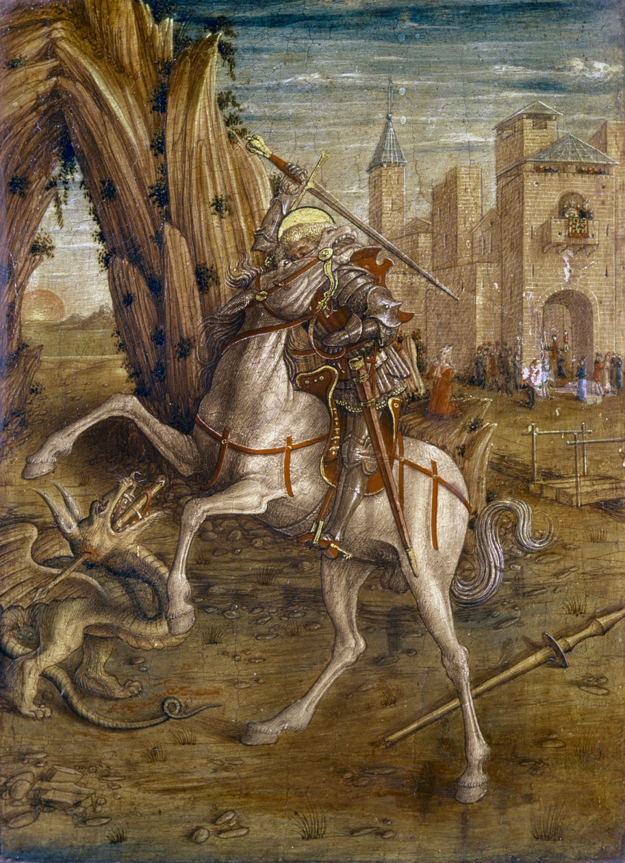 St. George and the Dragon, kohtaus "Madonna della Rondine" -alttaritaulun predella-paneelista, n. 1490 (paneeli) tekijältä Carlo Crivelli