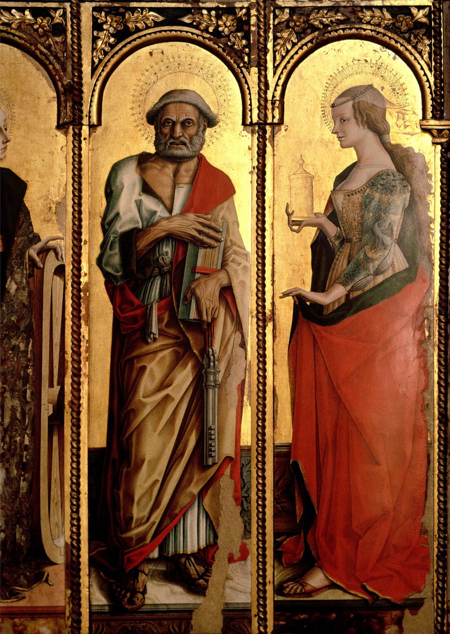 Pyhä Pietari ja Pyhä Maria Magdaleena, yksityiskohta Santa Lucian triptyykistä (tempera paneelissa) tekijältä Carlo Crivelli