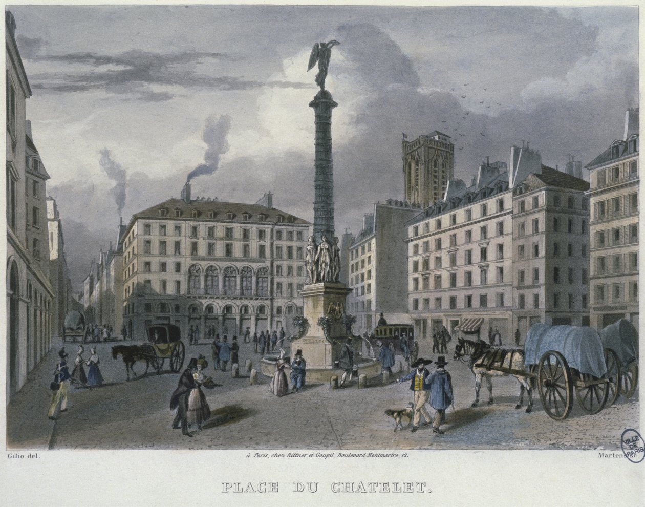 Place du Chatelet, Pariisi, kaiverrus Frederic Martens (1809-75) 1832 (värikaiverrus) tekijältä Carlo Gilio