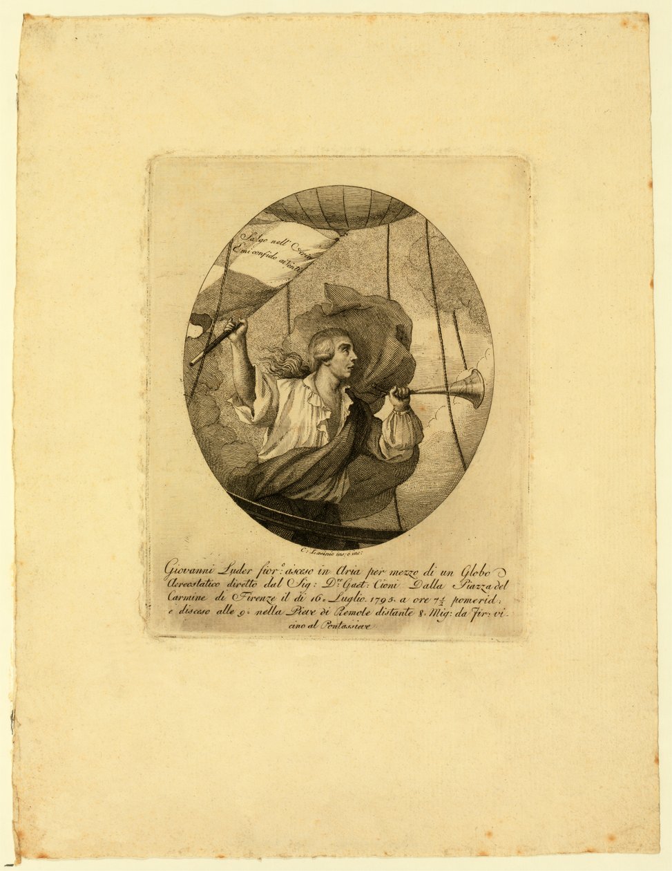 Giovanni Battista Luder, seisomassa ilmapallokorissa nousussa Firenzen yli, 1795-1850 tekijältä Carlo Lasinio