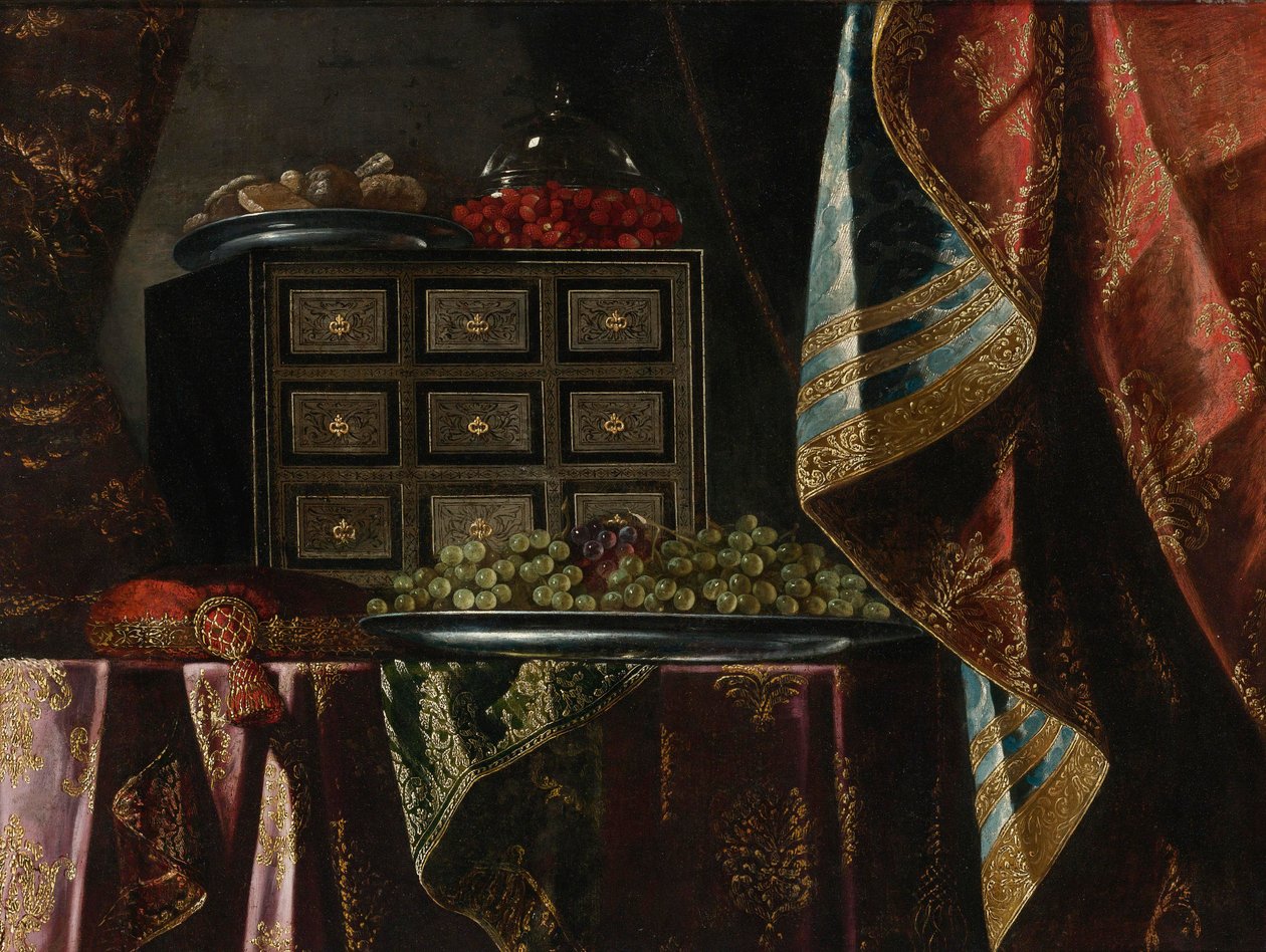 Asetelma rintakehästä, hedelmistä ja muista esineistä Brocade -draped -pöydällä tekijältä Carlo Manieri