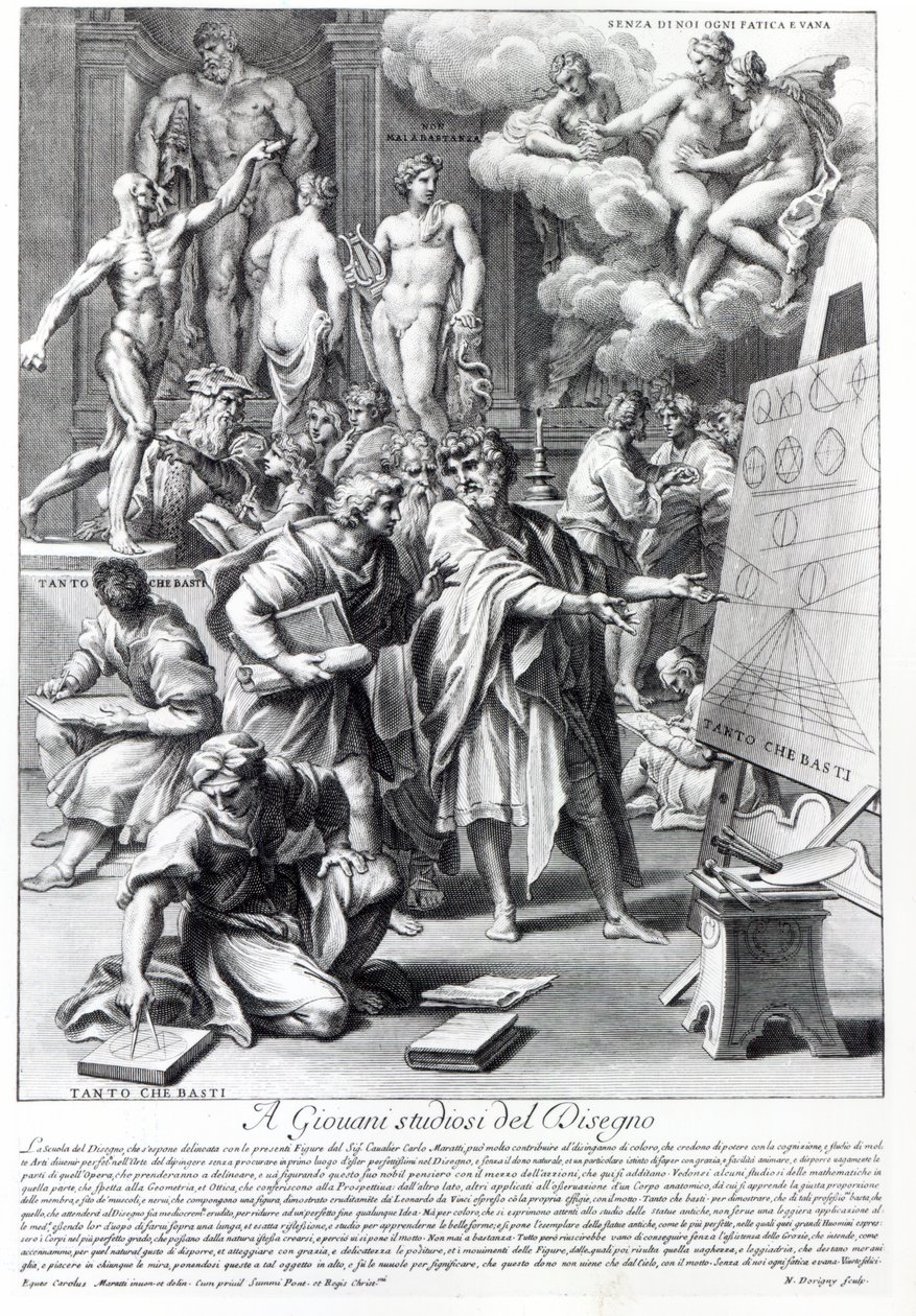 Allegoria designstudiosta, kaiverrettu Nicolas Dorigny tekijältä Carlo Maratta or Maratti