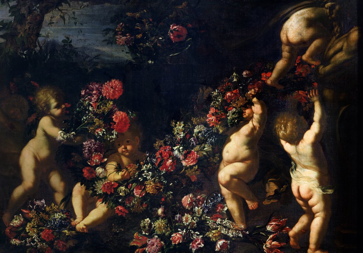 Putti leikkii kukkaseppeleillä tekijältä Carlo Maratta or Maratti