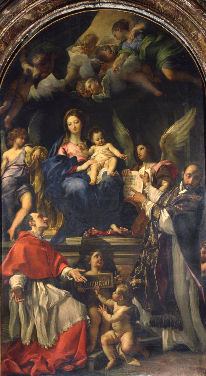 Neitsyt valtaistuimelle pyhien Carlo Borromeon ja Ignatius Loyolalaisen välillä, n. 1685 tekijältä Carlo Maratta or Maratti
