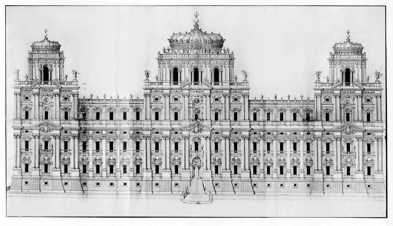 Louvren itäjulkisivun projekti, "Recueil du Louvre" osasta I fol. 10, 1664 (kynä ja muste ja pese paperille) tekijältä Carlo Rainaldi