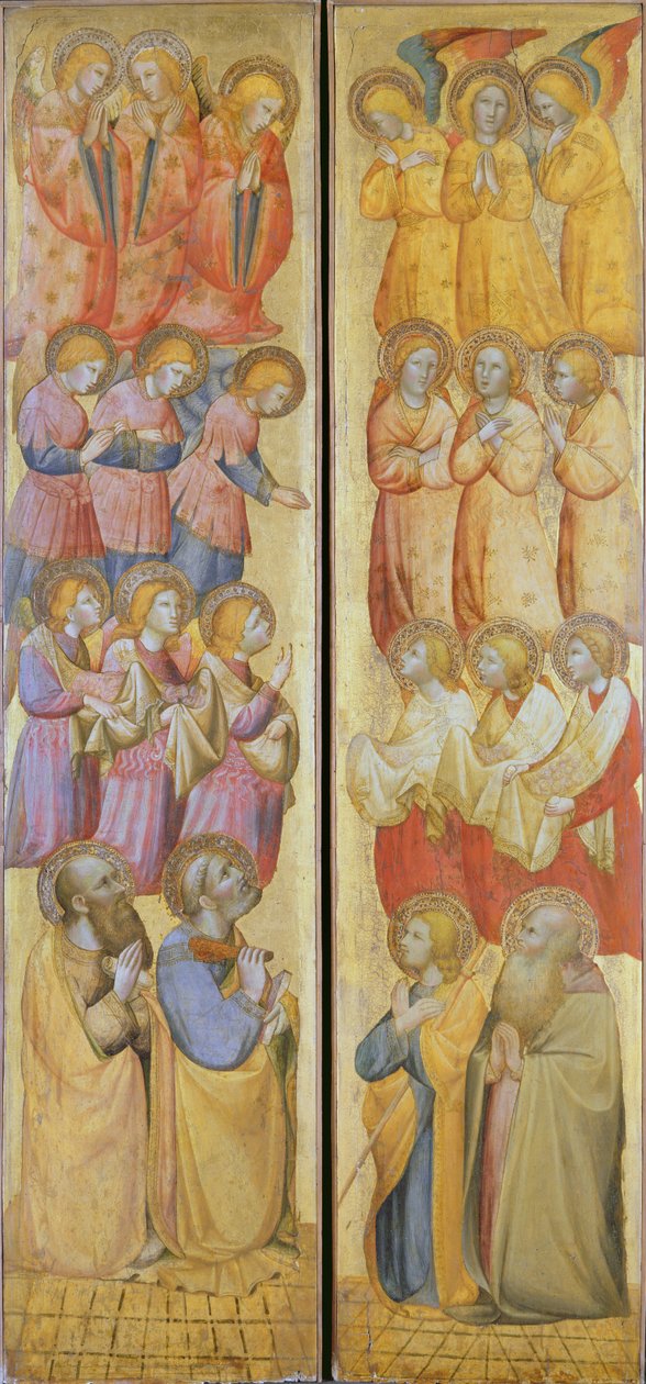 Vasen paneeli: Pietari ja Pyhä Paavali enkelien kanssa; Oikea paneeli: St. James ja St. Andrew enkelien kanssa, n. 1400 (tempera kultaa paneelissa) tekijältä Carlo da Camerino