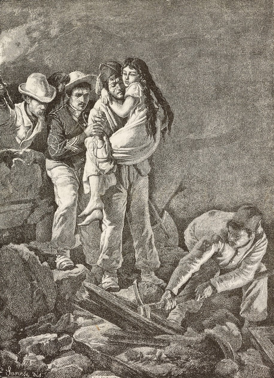 Tyttö pelastetaan kotinsa romahtamisen jälkeen, Casamicciola-maanjäristys Italiassa, kaiverrus E Sanesin piirroksesta ja Carlo Ademollon (1824-1911) maalauksesta L
