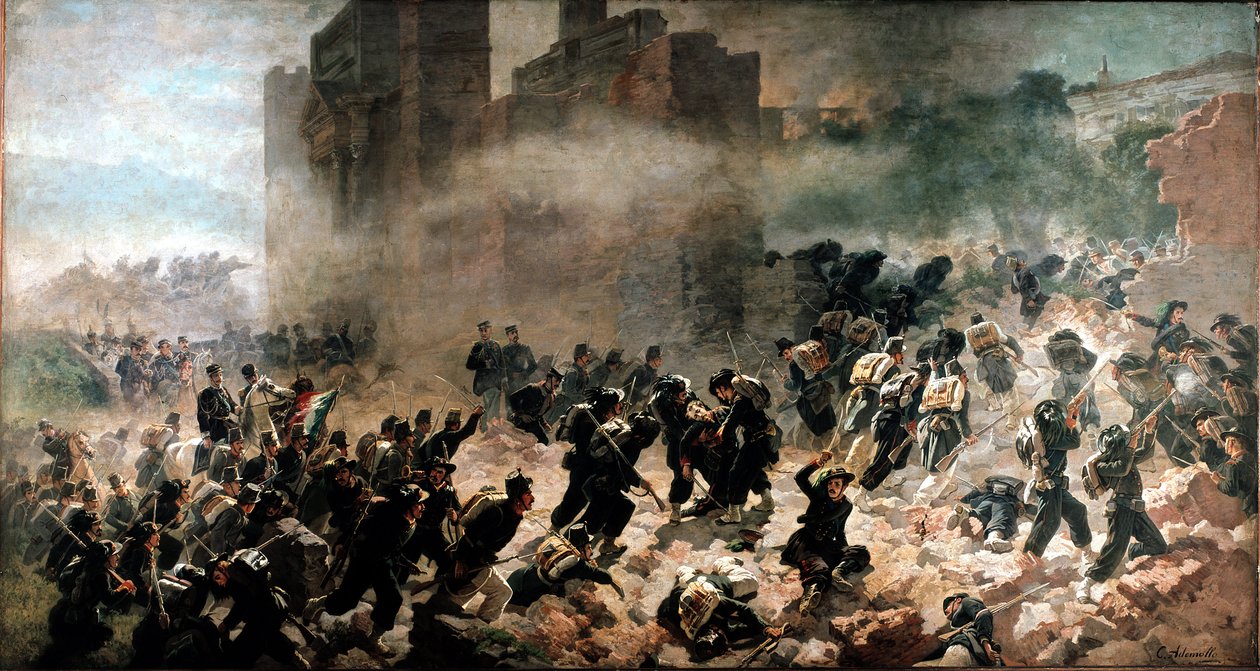 La breche de la Porta Pia, Rooma (20. syyskuuta 1870) - Carlo Ademollon (1825-1911) maalaus, öljy kankaalle. Milano, Risorgimenton museo tekijältä Carlo Ademollo
