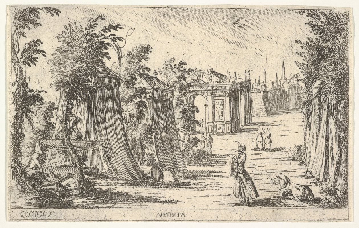 Näkymä, jossa mies turbaanissa ja leijona seisoo oikealla, telttoja ja klassista arkkitehtuuria..., 1680-1710. tekijältä Carlo Antonio Buffagnotti