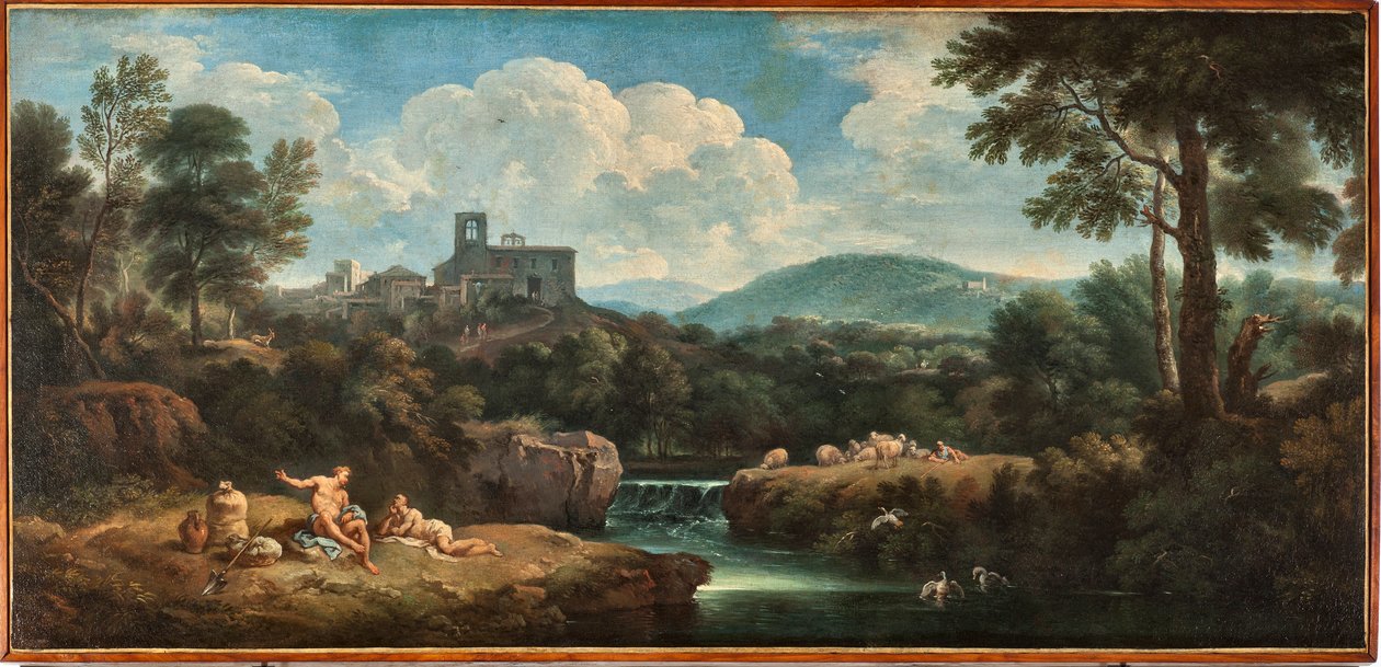 Maisema joki, antiikkiin pukeutuneita työntekijöitä ja kylä Carlo Antonio Tavella dit Il Solfarola (1668-1738) Musei di Strada Nuova (ex Palazzo Bianco) Genes, Italia tekijältä Carlo Antonio Tavella