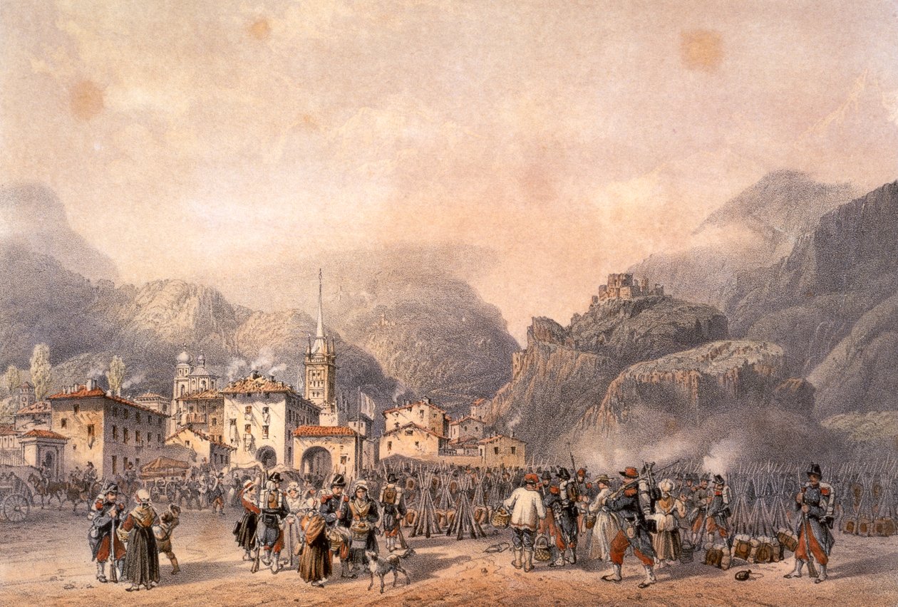 Ranskan leiri Susassa vuonna 1859, kirjoittanut Carlo Bossoli (1815-1884), kaiverrus. Toinen vapaussota, Italia 1800-luku. tekijältä Carlo Bossoli