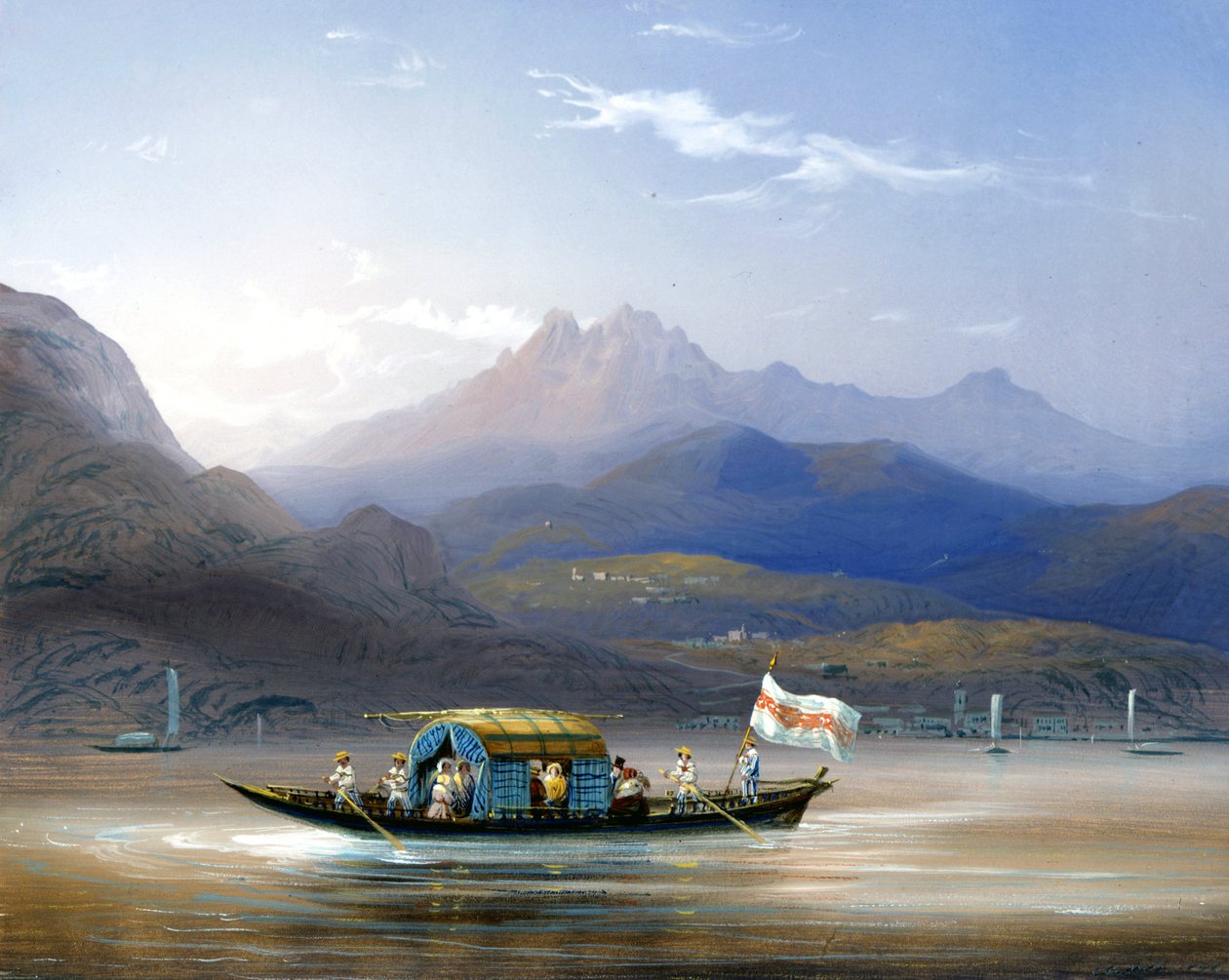 Comojärvi. Vene. Taustalla Groma-vuori, noin 1830. Bossolin maalaus. Como, yksityinen al. tekijältä Carlo Bossoli