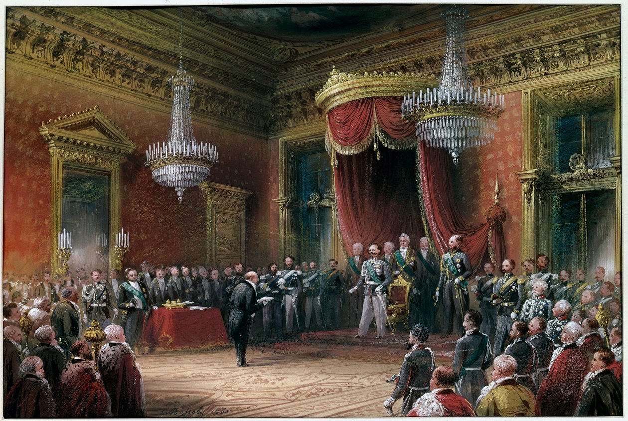 Risorgimento - Carlo Farini (1812-1866) esittelee Victor Emmanuel II:lle (Victor Emmanuel) (Vittorio Emanuele) (1820-1878) Emilia Romagnan liittämissopimuksen vuonna 1860 (öljy kankaalle) tekijältä Carlo Bossoli