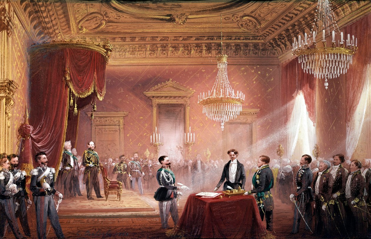 Risorgimento - Victor Emmanuel II (Victor Emmanuel) (Vittorio Emanuele) (1820-1878) allekirjoitti Bettino Ricasolin (1809-1880) esittämän Toscanan liittämissopimuksen 22. maaliskuuta tekijältä Carlo Bossoli
