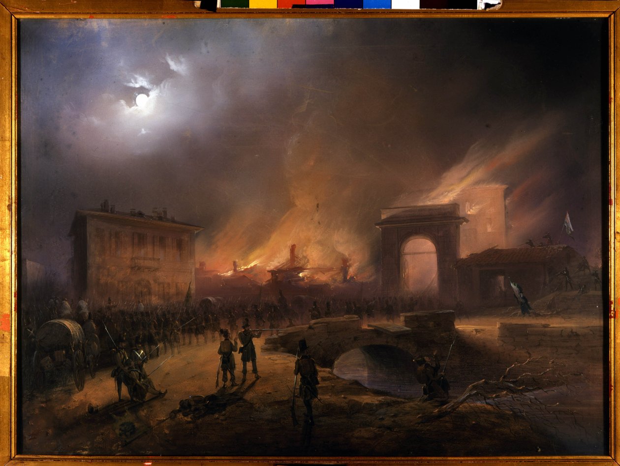 Risorgimento: Milanon viisi päivää (Cinque giornate di Milano) (18.-22. maaliskuuta 1848): tämä on yksi ensimmäisistä jaksoista vuoden 1848 vallankumouksista (osa Italian ensimmäistä itsenäisyyssotaa), jossa Milano nousi. väestö kapinallista vastaan tekijältä Carlo Bossoli