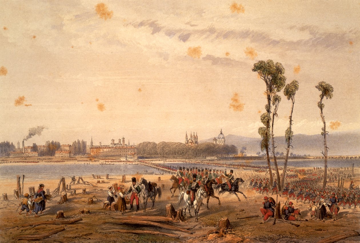 Ranskalaiset ohittivat Sesian Vercellissä vuonna 1859, kirjoittanut Carlo Bossoli (1815-1884), kaiverrus. Toinen vapaussota, Italia tekijältä Carlo Bossoli