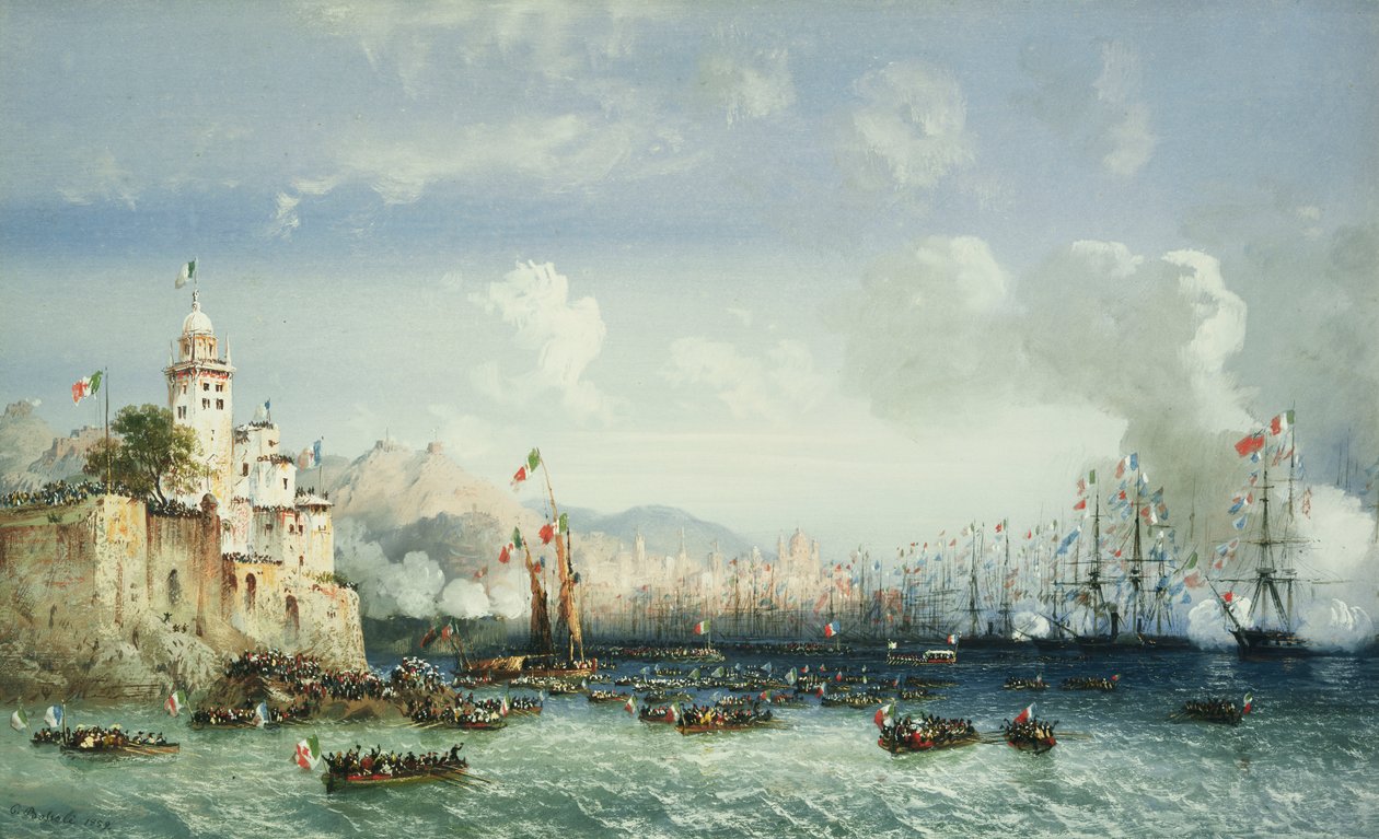 Sota Italiassa: Genova, keisari Napoleon III:n saapuminen, 1859 tekijältä Carlo Bossoli