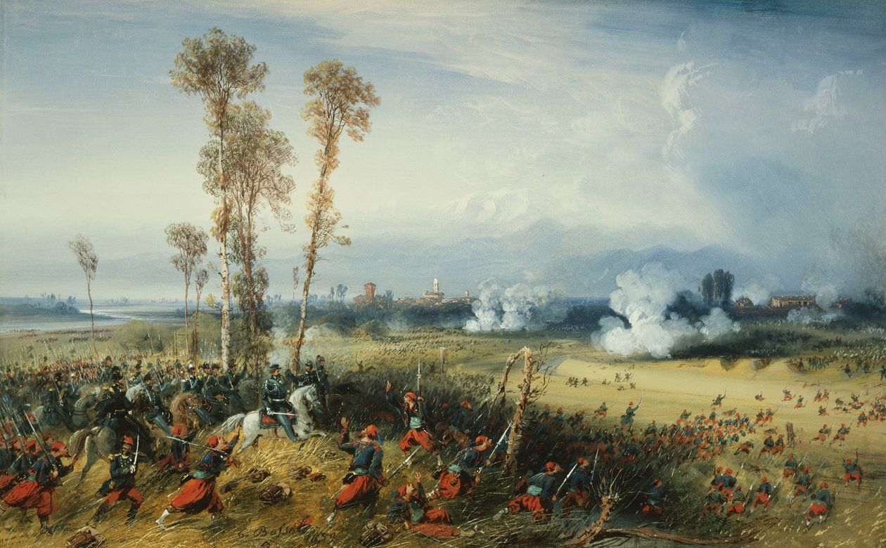 Sota Italiassa: Palestron taistelu, Sardinian kuningas joukkojen johdossa, 1859 tekijältä Carlo Bossoli