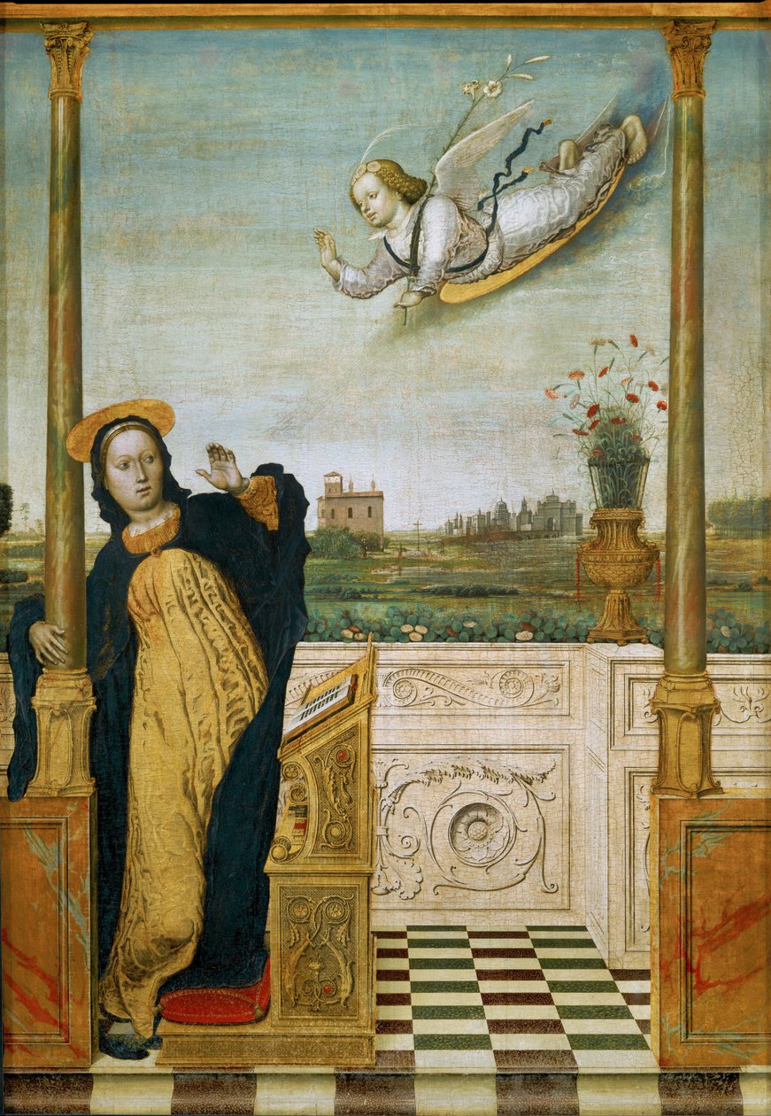 Ilmestyskirja. Triptyykin keskimmäinen paneeli (maalaus puulle). tekijältä Carlo Braccesco