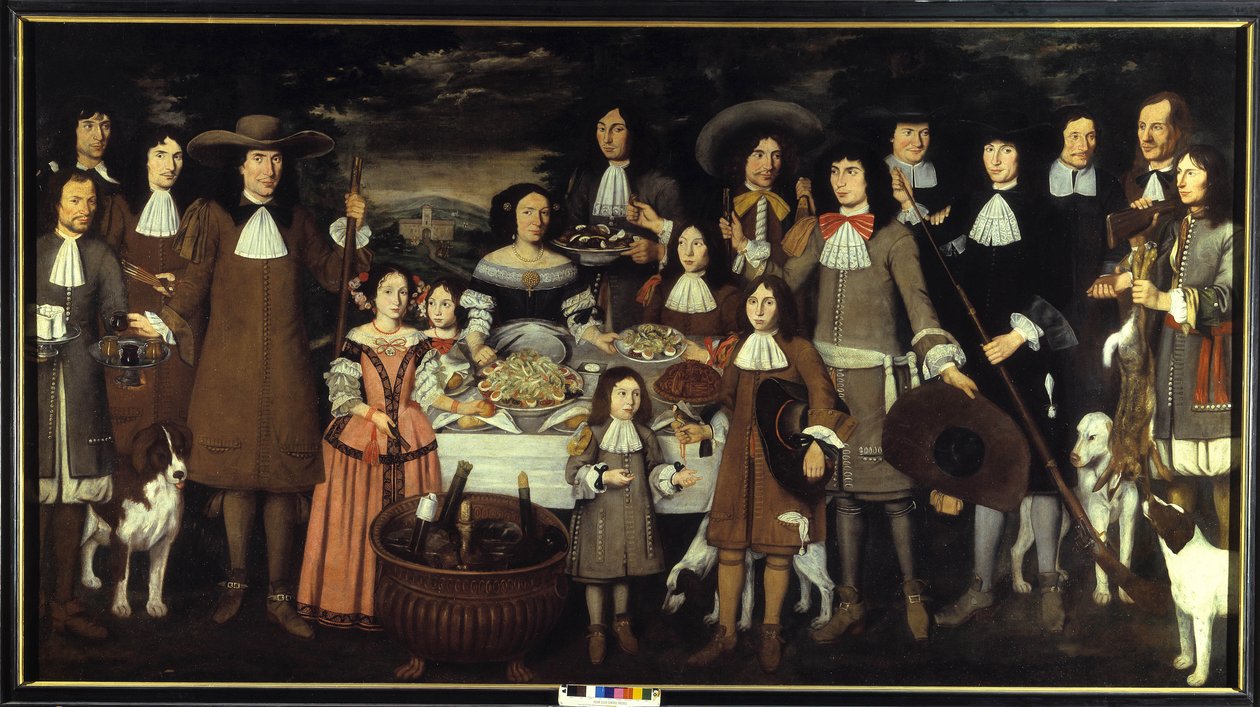 Perheen muotokuva tai "" Juo metsästyspelin aikana"". Carlo Canen (1618-1688) maalaus. 1700-luvun maalaus. Pinacoteca del Castello Sforzesco Milano tekijältä Carlo Cane