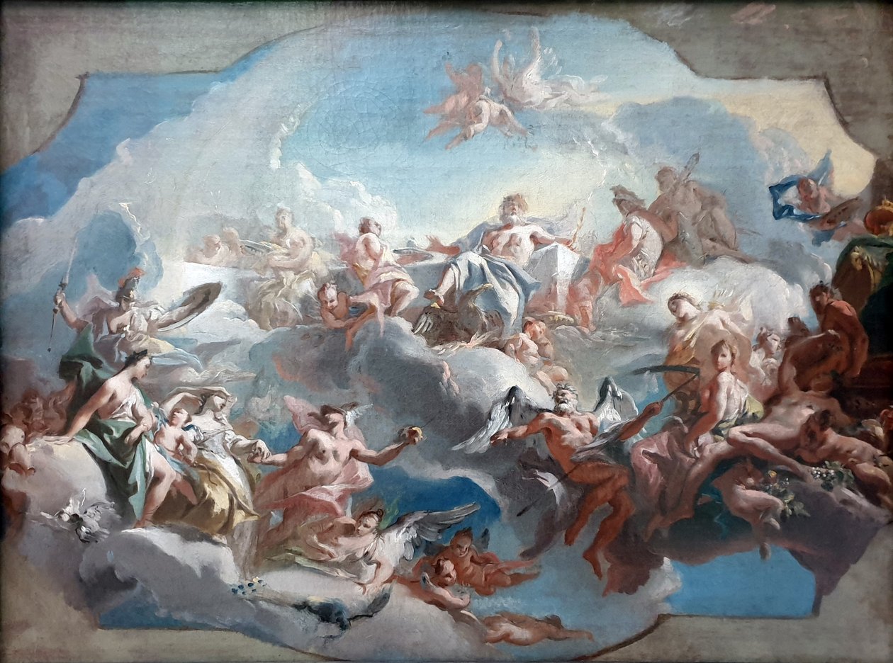 Saksa: Der Aufbruch der Göttinnen Juno, Venus und Minerva, geleitet von Merkur, zum Parisurteil Jumalatarten Junon, Venuksen ja Minervan lähtö Pariisin tuomiolle. tekijältä Carlo Carlone