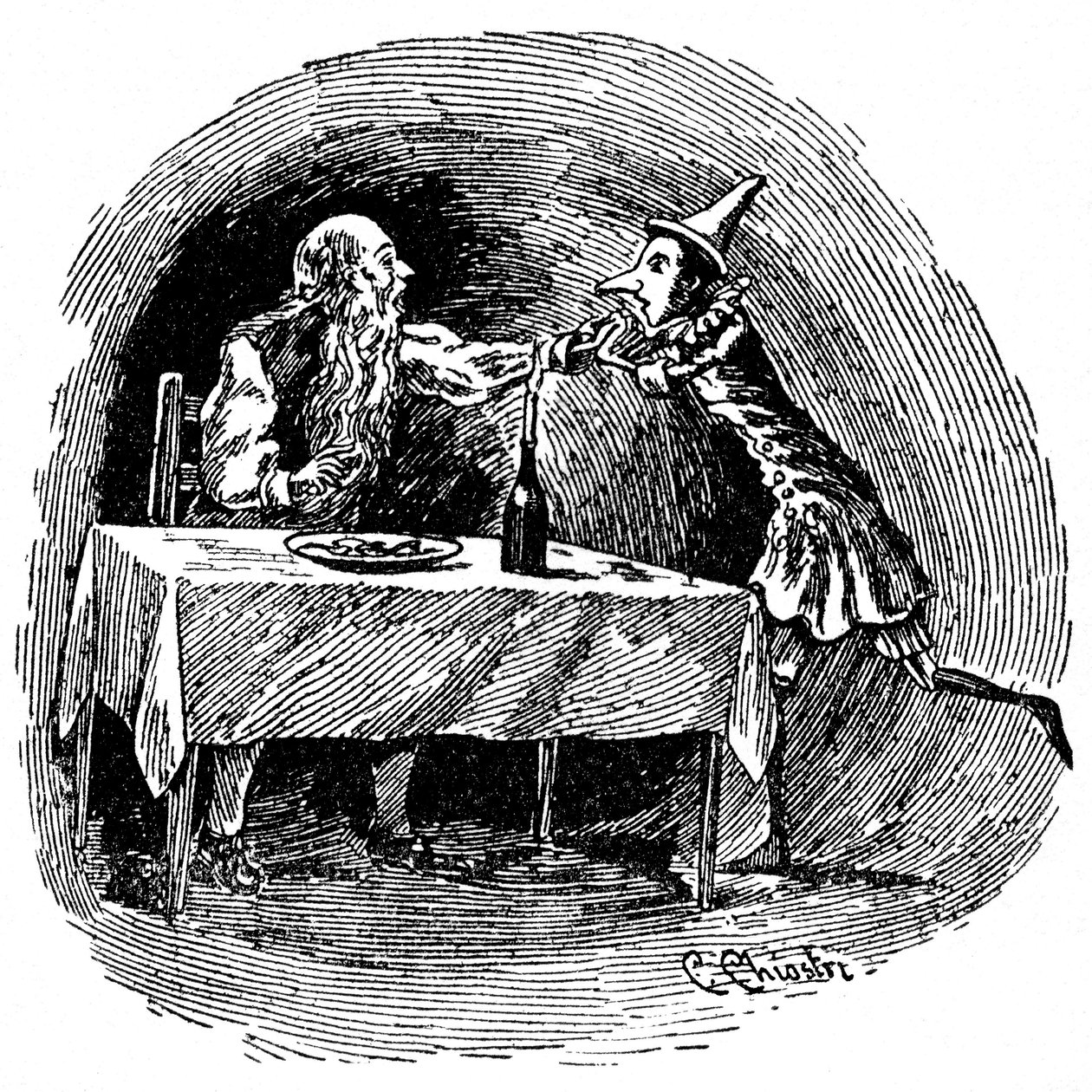 Ilustração de Pinóquio de Carlo Chiostri (1863-1939), um dos primeiros ilustradores italianos da obra de Collodi. O boneco de madeira encontra seu pai Gepetto na barriga do tubarão que os engoliu.finlandês tekijältä Carlo Chiostri