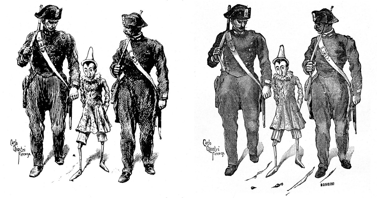Carlo Chiostrin (1863-1939) Pinocchio, yksi ensimmäisistä italialaisista Collodin (Carlo Lorenzini) työn kuvittajista. Kaksi santarmia ottavat puisen nuken. Vasemmalla oleva kuva on Chiostrin alkuperäinen piirustus, oikealla on kaiverrus carri tekijältä Carlo Chiostri
