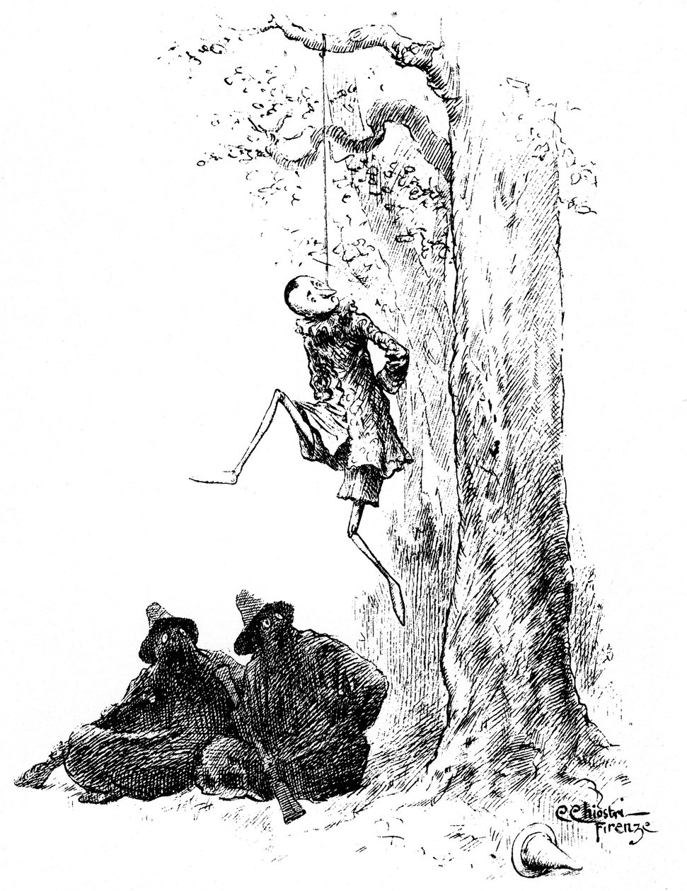 Carlo Chiostrin (1863-1939) Pinocchio, yksi ensimmäisistä italialaisista Collodin (Carlo Lorenzini) teoksen kuvittajista. Puisen nuken ripustaa puuhun kaksi rosvoa (kissa ja naamioitu kettu). Tämä alkuperäinen Chiostrin piirros on määrä tiivistää tekijältä Carlo Chiostri