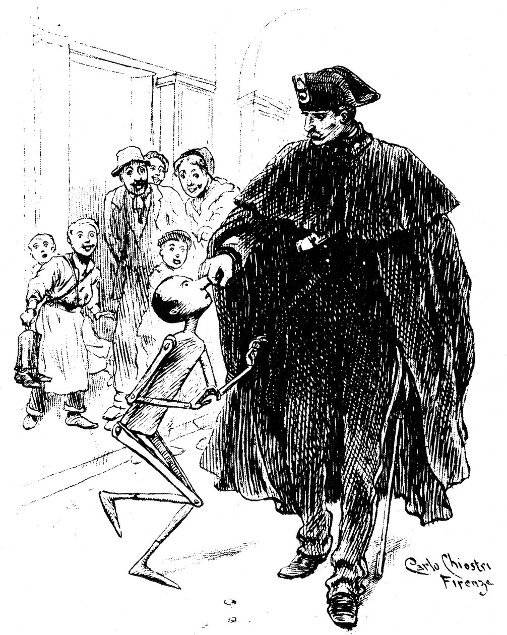 Carlo Chiostrin (1863-1939) Pinocchio, yksi ensimmäisistä italialaisista Collodin (Carlo Lorenzini) teoksen kuvittajista. Poliisi nappaa puunukkea nenän kautta, hänellä on rakkaan suurta iloa. Tämä alkuperäinen Chiostrin piirustus on n tekijältä Carlo Chiostri