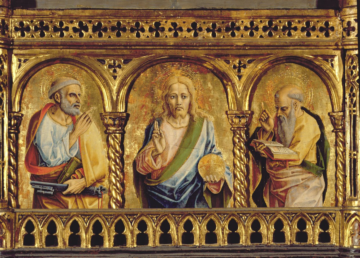 Kristus Pietarin ja Paavalin kanssa, yksityiskohta SantEmidion polyptyykistä, tempera paneelille, yksityiskohta 76636:sta. tekijältä Carlo Crivelli
