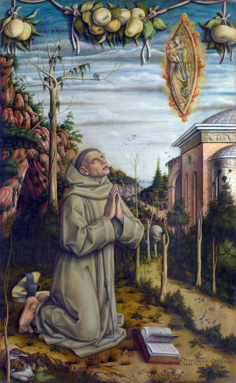 Siunatun Gabrielin näky - Gabriele Ferretti (1385-1456), italialainen fransiskaani näkee Neitsyt Marian ja lapsen Jeesuksen ilmestyvän - Carlo Crivellin maalaus (noin 1435 - noin 1495), tempera puulle (141x87 cm) tekijältä Carlo Crivelli
