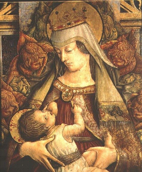 Madonna imee lastaan, yksityiskohta (tempera paneelille) tekijältä Carlo Crivelli