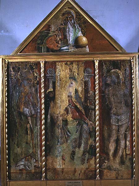Madonna ja lapsi pyhimysten kanssa, Castellanon laakson ensimmäinen triptyykki (tempera paneelissa) tekijältä Carlo Crivelli